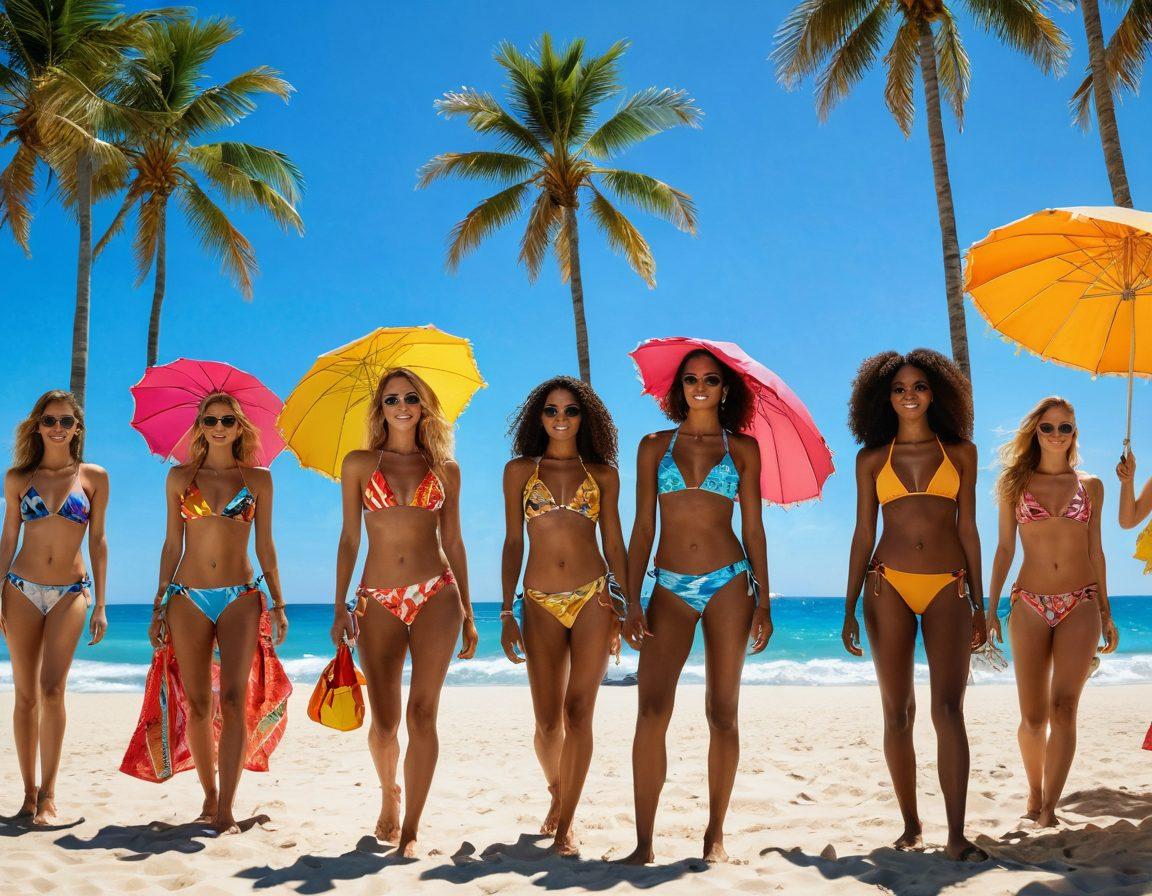 A sun-soaked beach scene filled with stylish models showcasing the latest bikini trends for summer 2023. The background features palm trees swaying in the breeze, vibrant beach towels, and colorful beach umbrellas. Each model is wearing distinct and trendy bikinis, capturing the essence of summer fashion. Bright sunlight reflecting off the waves adds warmth and energy to the scene. Emphasize a playful and chic atmosphere. vibrant colors. super-realistic. summer vibes.